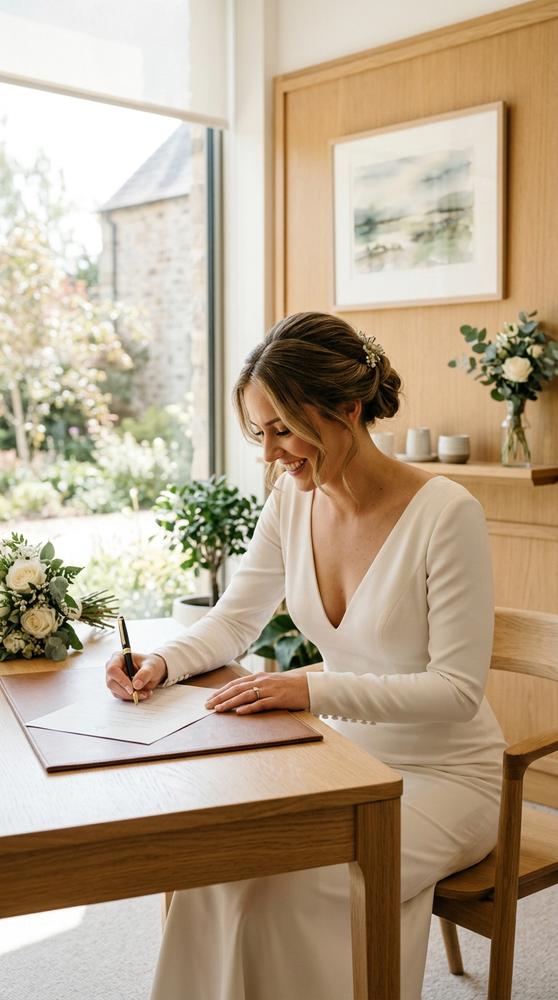 A bride in an ivory crepe sheath wedding dress signing papers in a bright civil ceremony office