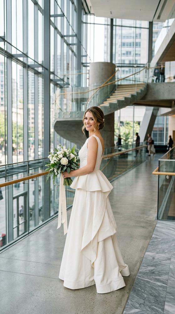 A bride in a structured ivory peplum wedding dress in a modern city hall atrium