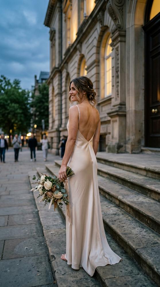 A bride in a champagne-toned slip wedding dress with a low back outside the courthouse at dusk