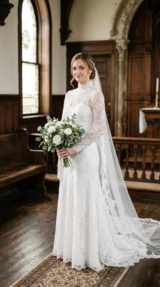 A bride in a white high-neck lace wedding dress with long sleeves in a vintage courthouse chapel