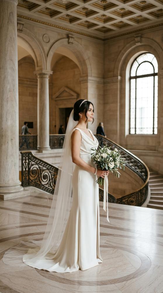 A bride in an ivory column wedding dress with a draped cowl neckline in a marble courthouse interior