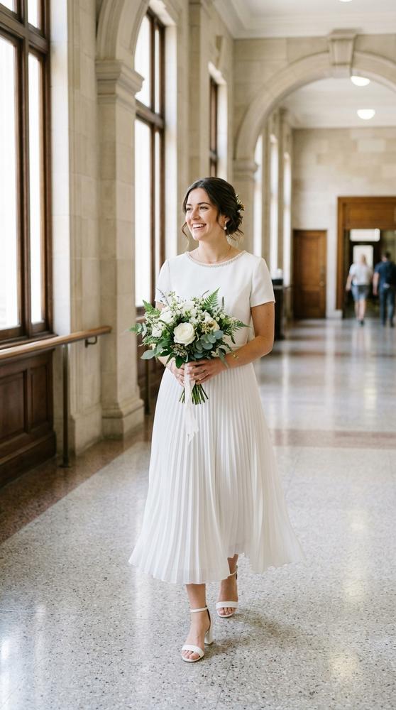 A bride in a white pleated midi wedding dress with a jewel neckline in a bright courthouse hallway