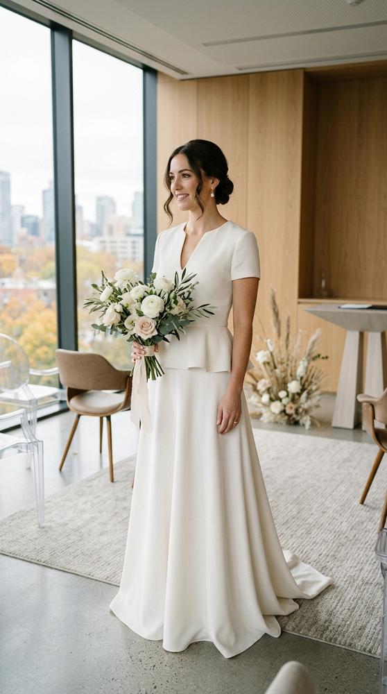 A bride in a white two-piece wedding set with a peplum top and A-line skirt in a modern civil ceremony room