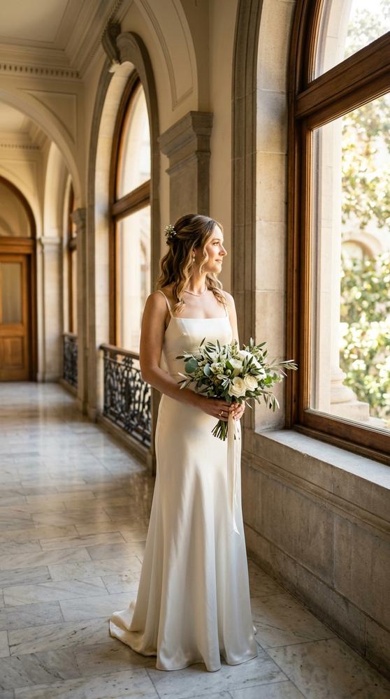 A bride in an ivory satin slip wedding dress with a square neckline in a sunlit courthouse corridor