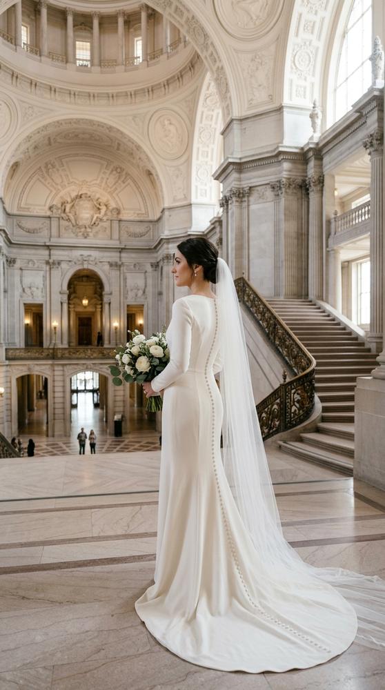 A bride in an ivory long-sleeve crepe wedding dress with covered buttons in a grand courthouse hall