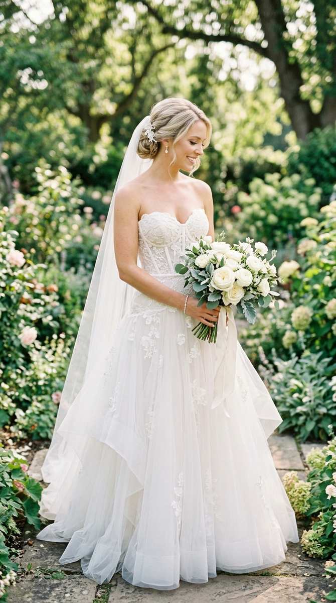 A strapless sweetheart corset bodice with drop waist on a bride holding a bouquet of white roses, soft-focus garden backgroun
