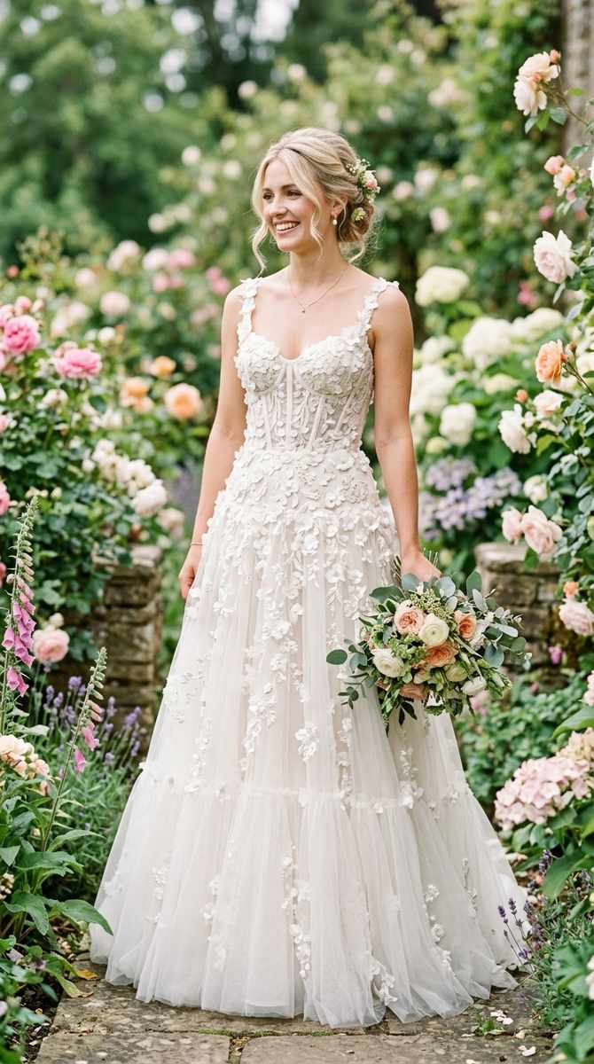 A corset drop waist wedding dress adorned with three-dimensional floral appliques cascading from bodice to skirt, photographe
