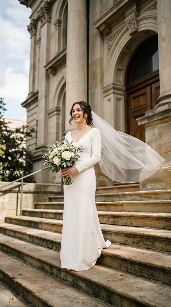 A bride in a simple ivory sheath wedding dress with a fingertip veil on courthouse steps, veil catching the breeze