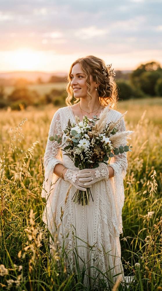 Bride in ecru crochet gloves with a bohemian lace gown, standing in a field of tall grass at sunset.