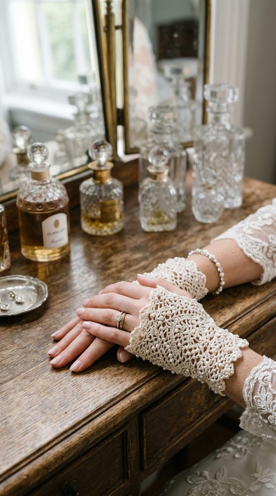 Close-up of crochet gloves with tiny pearl beads worked into the stitches, bride's hands on a vintage vanity table.