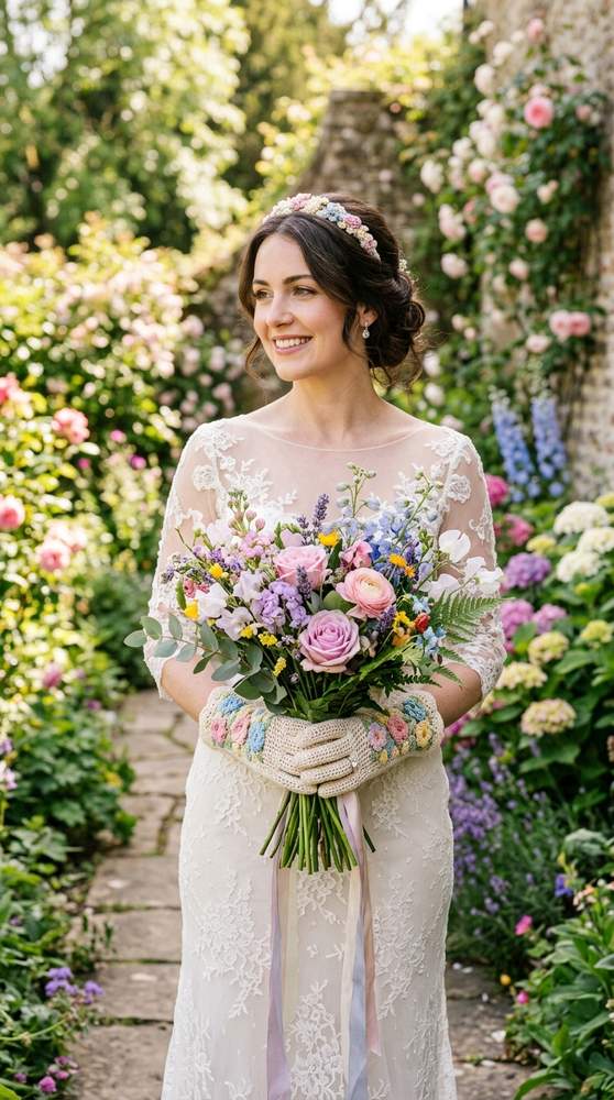 Bride wearing crochet gloves with colorful floral motifs in pastel yarns, holding a bright spring bouquet.