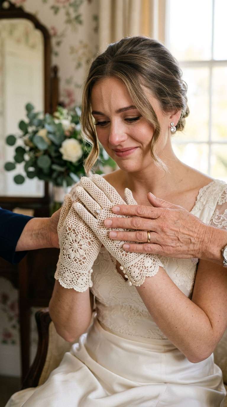 Bride wearing heirloom crochet gloves passed down from her grandmother, hands with her mother's hands also in frame.