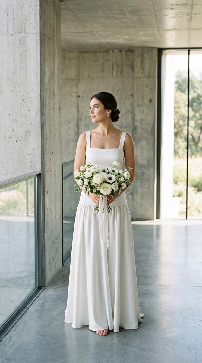 a bride in a modern drop waist gown with wide satin straps, minimalist concrete venue, high-end camera, no text
