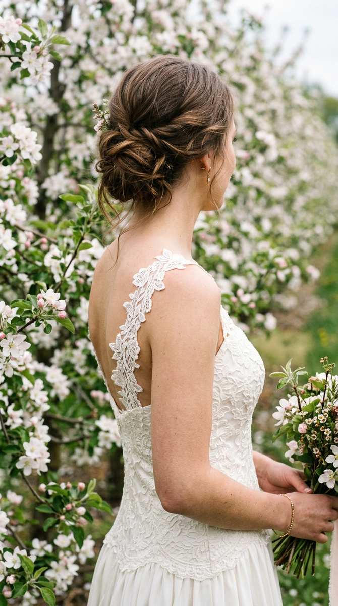 lace straps on an ivory drop waist gown, bride in a blooming orchard, high-end camera detail, no text