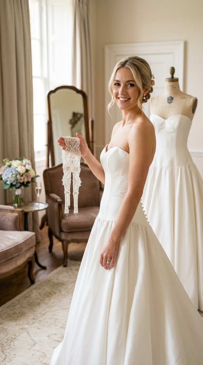 a bride holding detachable straps next to her strapless drop waist gown in a bright bridal suite, high-end camera, no text
