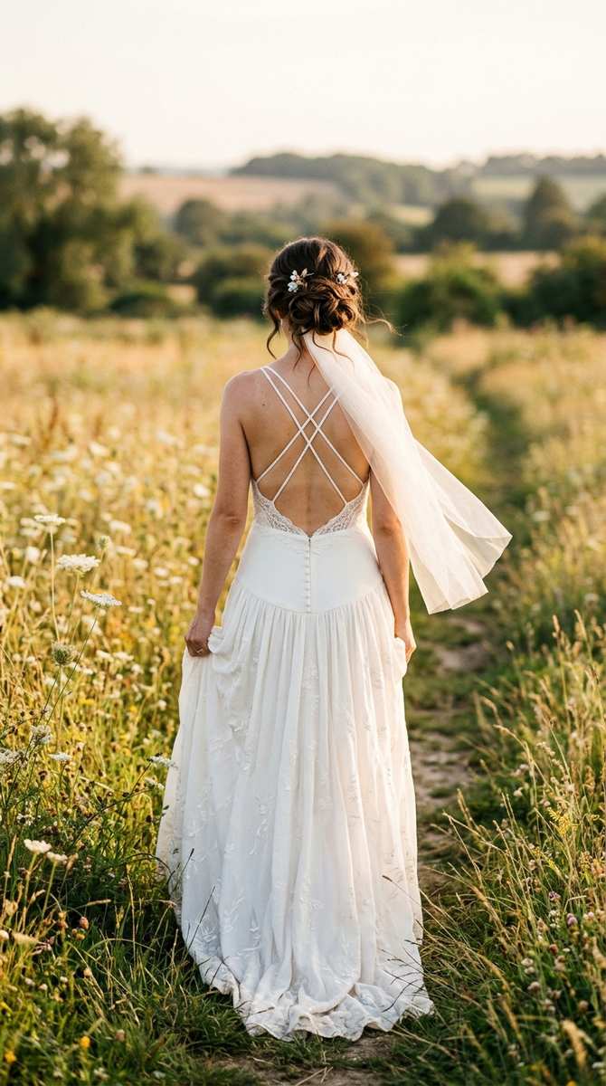 crisscross straps at the back of a drop waist wedding dress, bride walking through a field, high-end camera, no text