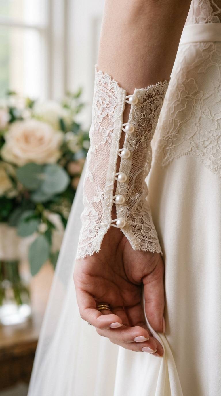 Close-up of pearl buttons on elegant ivory wedding gloves, bride's wrist, soft daylight.