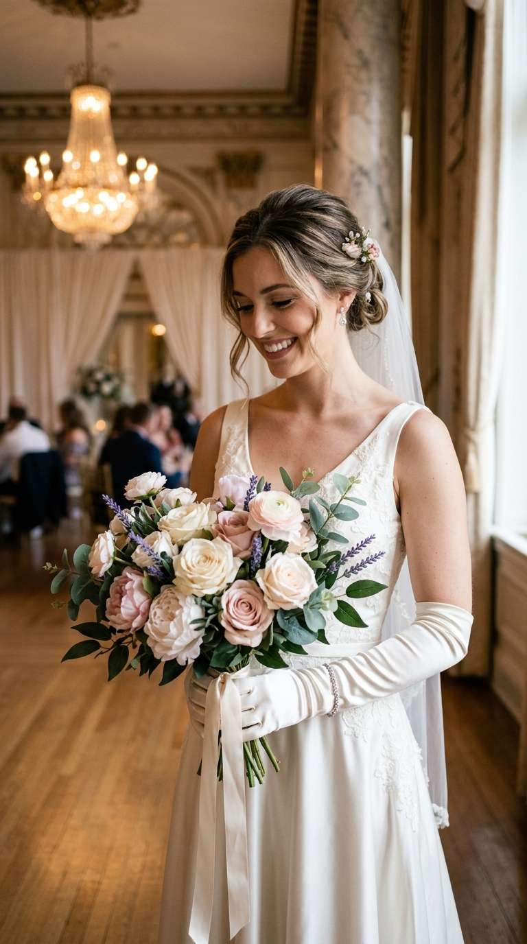 A bride wearing smooth satin wedding gloves holding a silk bouquet, elegant ballroom setting.