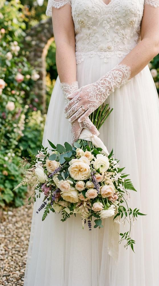 A bride wearing lace overlay wedding gloves in a garden, hands folded over bouquet.