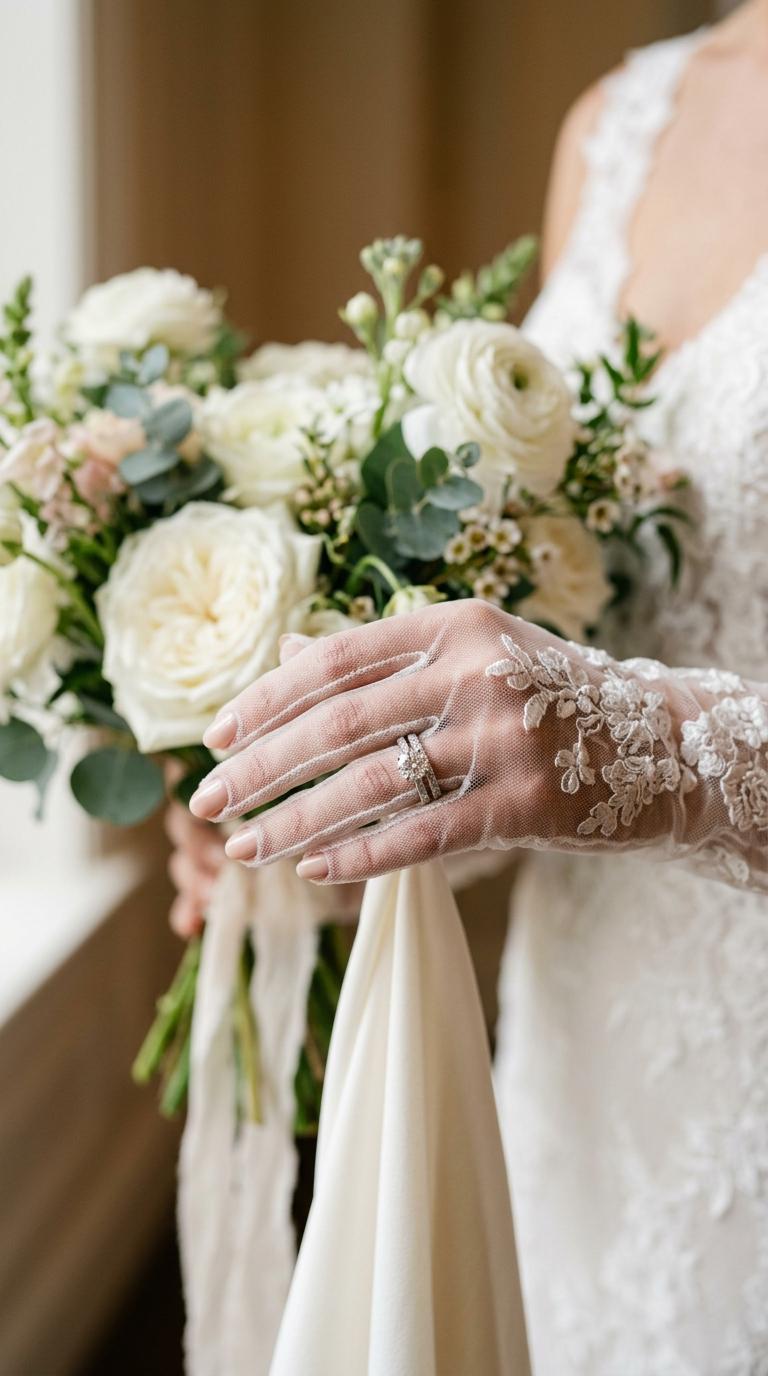 A bride's gloved hand showing her wedding ring, bouquet in background, soft focus.