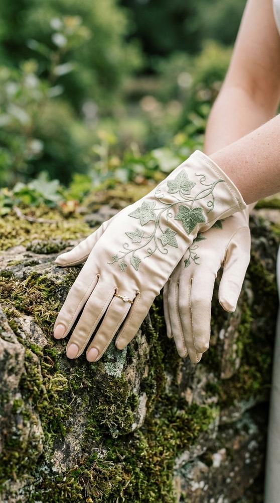 Close-up of gloves embroidered with trailing ivy leaves in sage green thread on champagne satin.