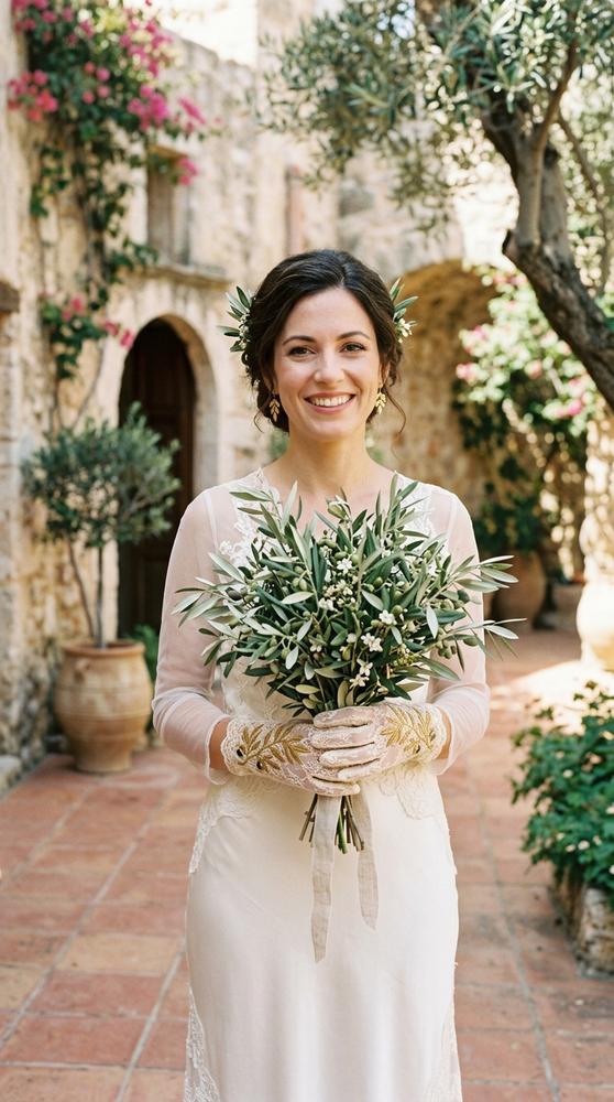 Bride wearing gloves with embroidered olive branches in gold thread, holding an olive-branch bouquet.