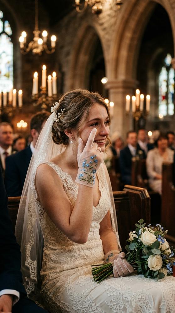 Bride wearing gloves embroidered with her grandmother's favorite flower, forget-me-nots in blue thread.