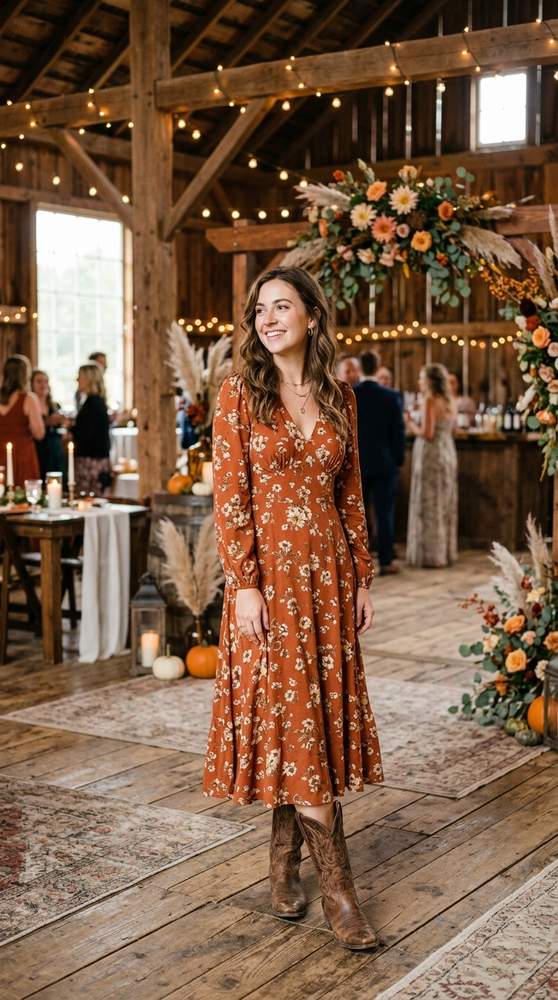 Guest in a rust floral midi dress with brown cowboy boots, standing inside a decorated barn at a fall wedding
