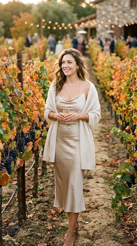 Guest wearing a champagne satin slip dress with a soft knit shawl, standing among grapevines at a vineyard wedding in autumn