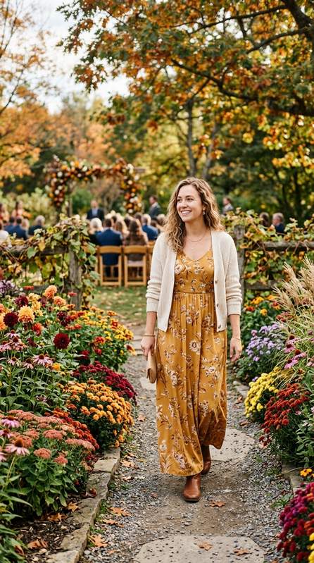 Guest wearing a mustard floral maxi dress with a cream cardigan, walking through a garden full of autumn blooms at a fall