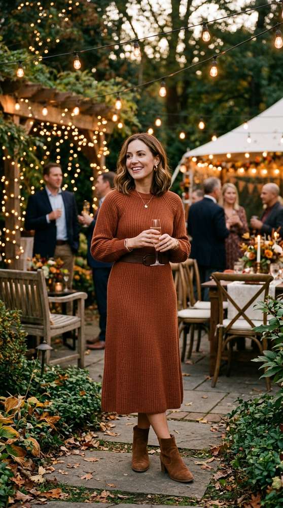 Guest wearing a cozy rust knit midi dress with suede ankle boots, mingling in a backyard decorated with string lights at a