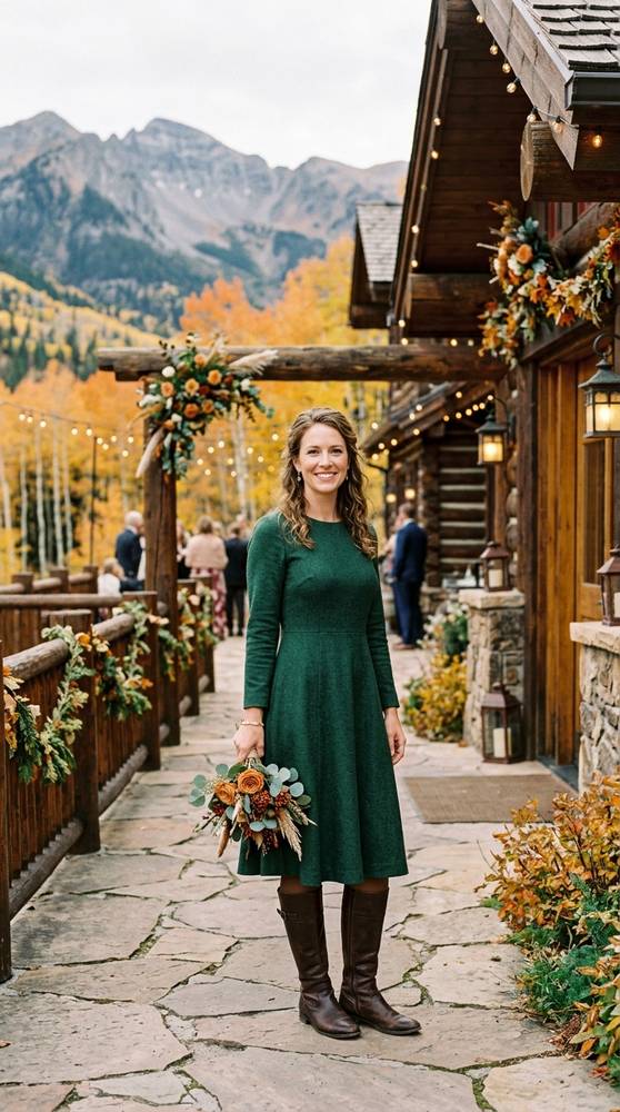Guest in a forest green wool midi dress with leather knee-high boots, standing outside a mountain lodge at a fall wedding