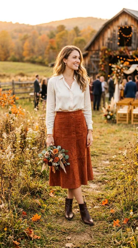Guest in a rust suede midi skirt with a cream blouse and ankle boots, standing in a field at golden hour at a rustic fall