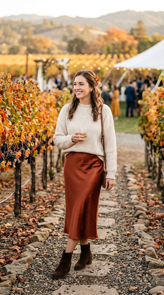 Woman in a rust satin slip skirt with a cream knit sweater and ankle boots at a fall vineyard wedding
