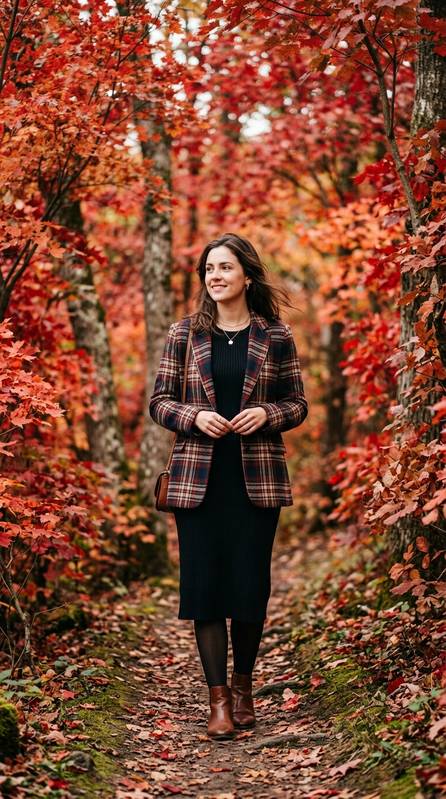 Woman in a plaid blazer over a simple black midi dress standing among red autumn trees