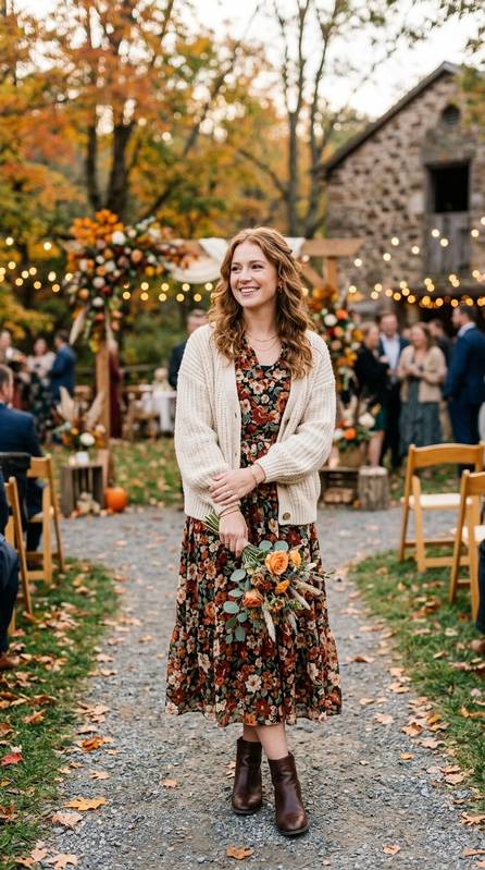 Woman in a floral midi dress with a chunky knit cardigan at a countryside fall wedding