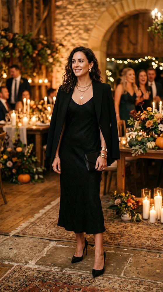 Woman in an all-black outfit with gold jewelry and heels at a candlelit fall wedding