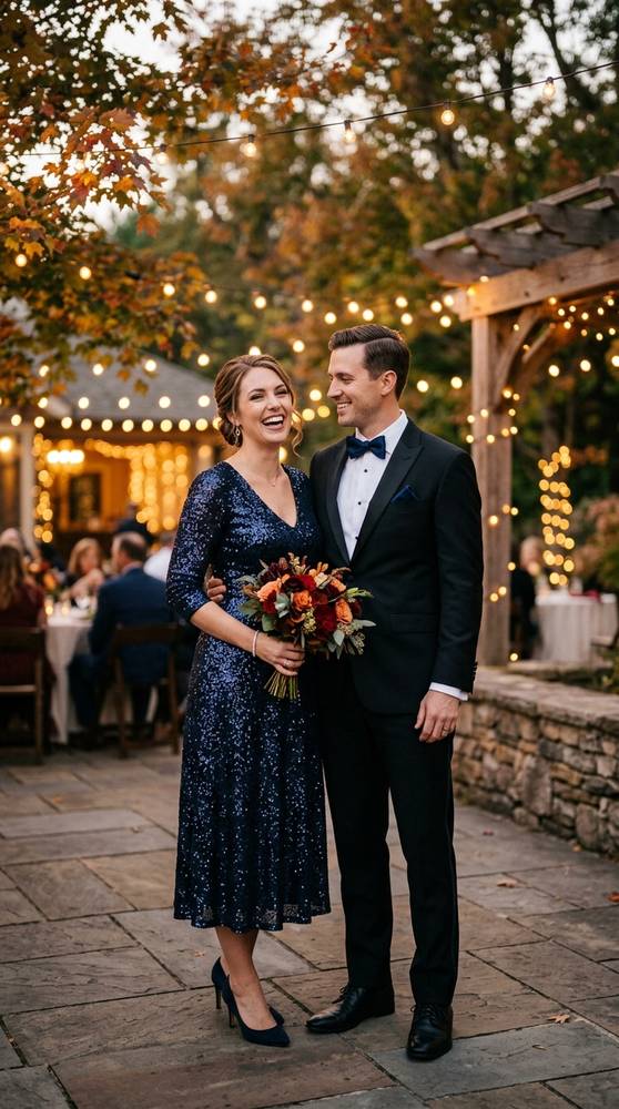 Elegant couple at an evening fall wedding, woman in a navy sequin midi dress and man in a black tuxedo-style suit with navy