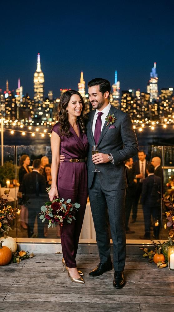 Stylish couple at a chic fall wedding, woman in a plum jumpsuit and man in a gray suit with plum tie, standing on a rooftop