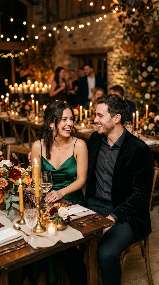 Coordinated couple at a fall wedding, woman in an emerald satin slip dress and man in a black velvet blazer with dark