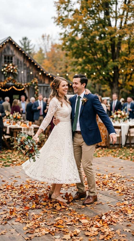 Happy couple at an outdoor fall wedding, woman in a cream lace midi dress and man in a navy blazer with khaki trousers