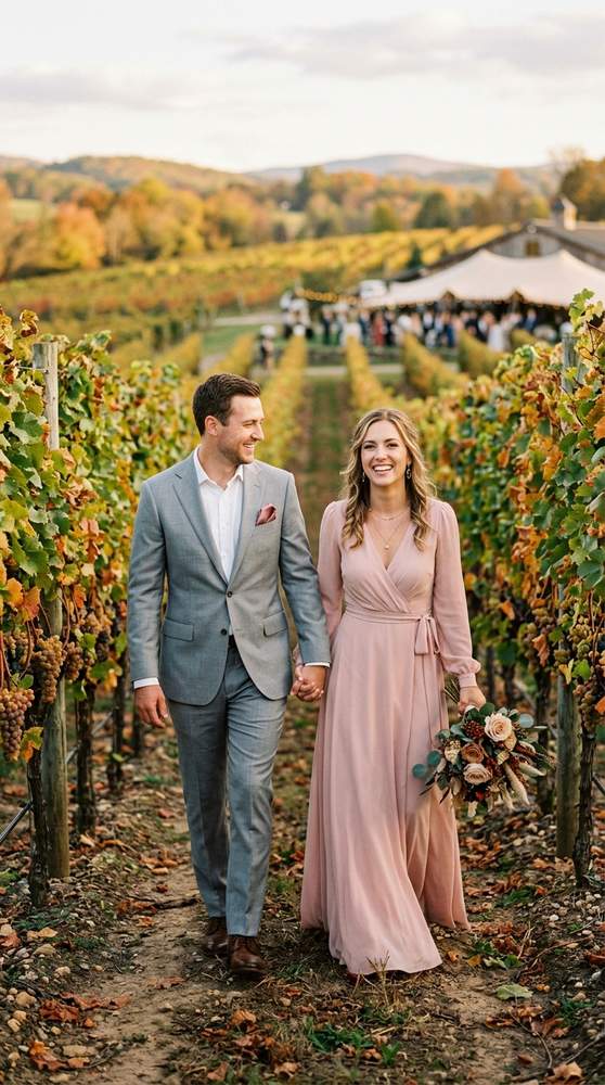 Coordinated couple at a vineyard fall wedding, woman in a blush pink wrap dress and man in a light gray suit with blush