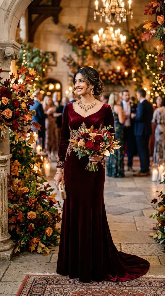 Woman in a deep burgundy floor-length gown with gold jewelry at a grand fall wedding venue