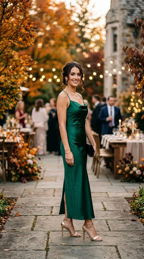 Woman in an emerald satin column dress with strappy heels at a luxurious fall wedding