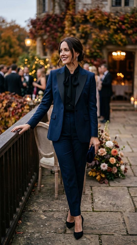 Woman in a midnight tuxedo-inspired tailored suit with a silk blouse at a formal fall wedding