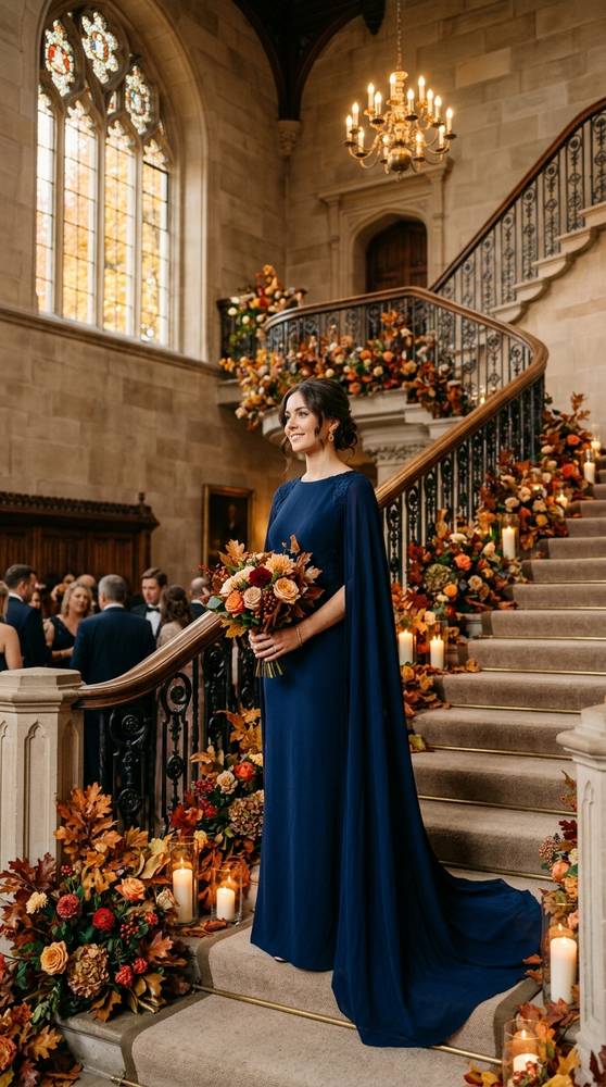 Woman in a navy crepe gown with a cape detail at a grand staircase wedding venue in autumn