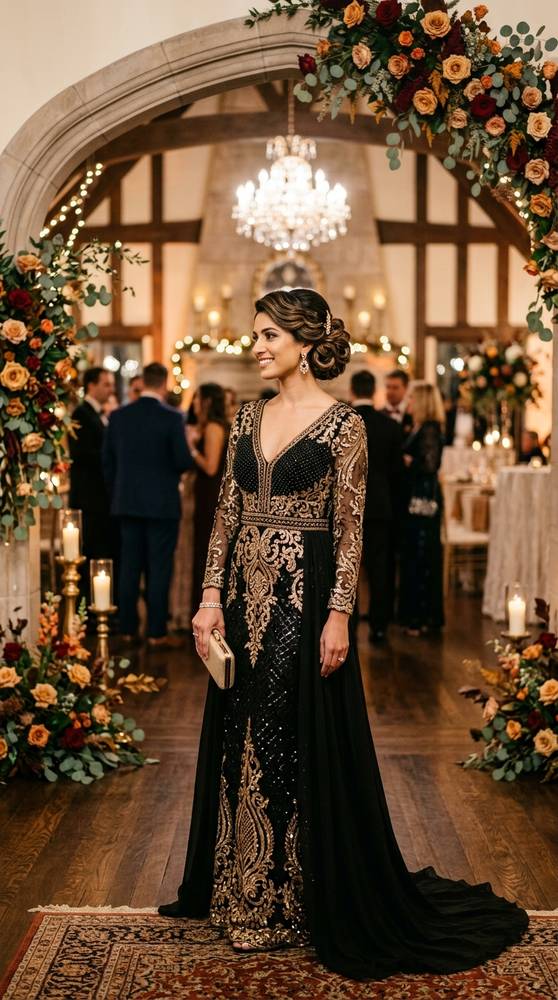 Woman in a black and gold formal dress with elegant updo at a luxurious fall wedding