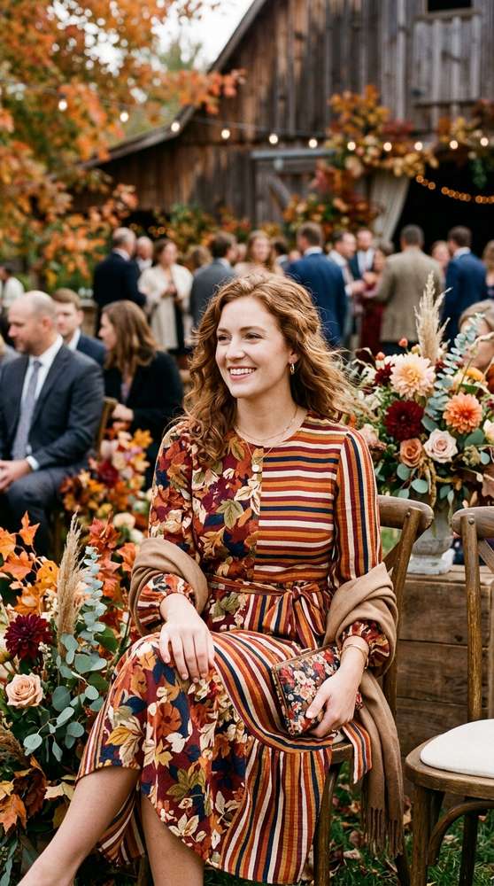 Woman in a mixed floral and striped outfit in warm autumn tones at an outdoor fall wedding
