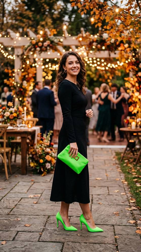 Woman in a black dress with neon green heels and a bright clutch at a fall wedding reception