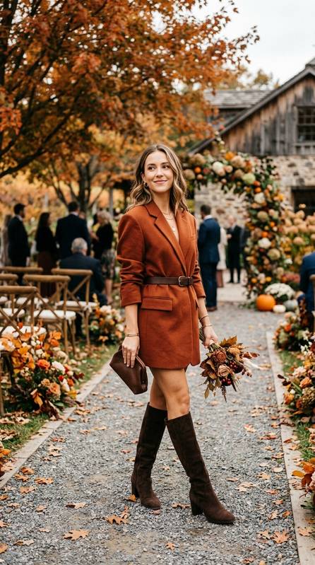 Woman wearing an oversized rust blazer as a dress with knee-high boots at a fall wedding venue